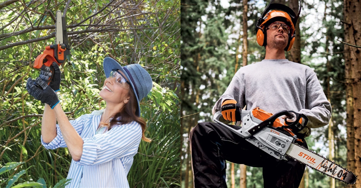 Image of woman using tiny chaninsaw and a man posing with large chainsaw
